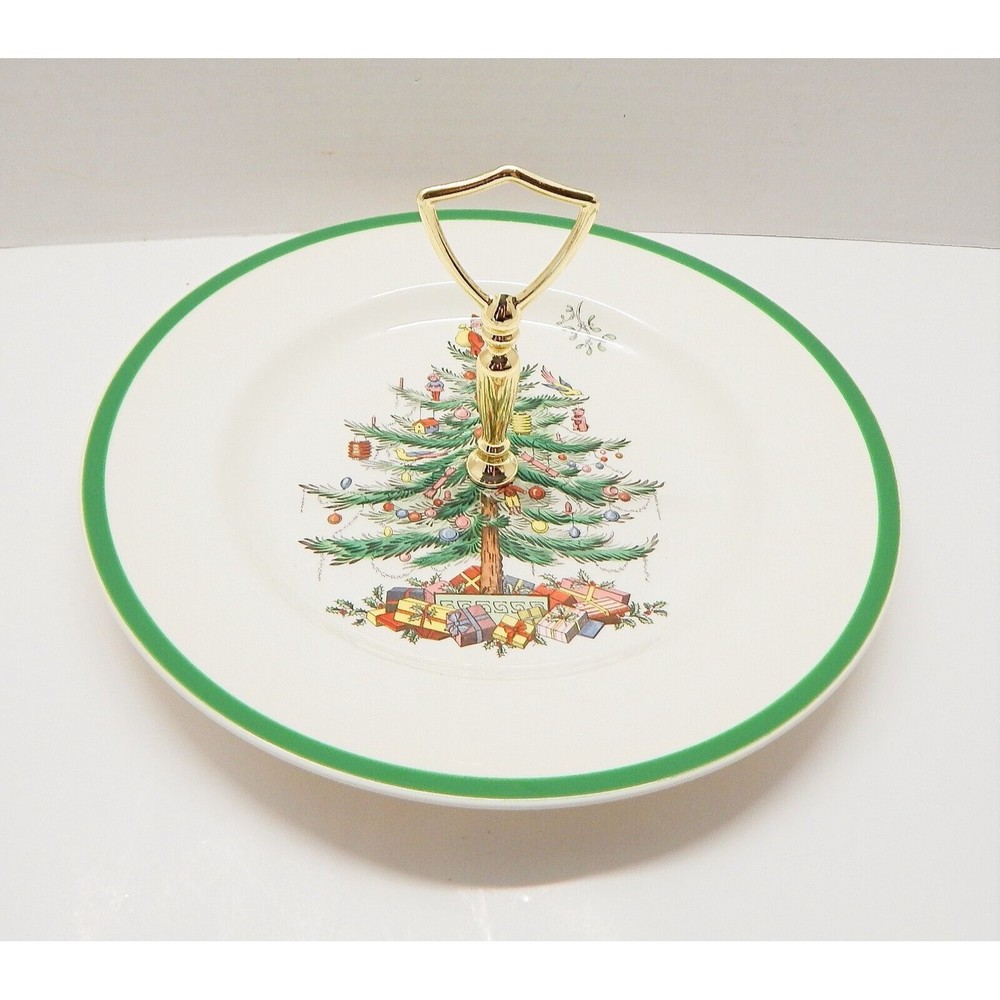 Spode Christmas Tree Tidbit Tray Plate with Handle Cookies Dessert Handle